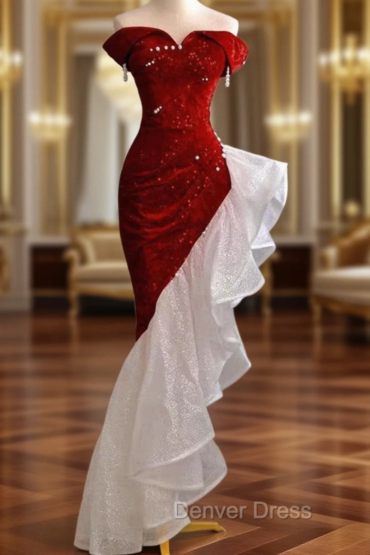 Gorgeous Sheath Off The Shoulder Sequin Red Prom Dress Birthday Outfits Main image