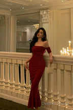 Gorgeous Sheath Off The Shoulder Short Sleeves Date Night Dress Red Prom Dresses Birthday Outfits