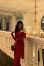 Gorgeous Sheath One Shoulder Sleeveless Date Night Dress Red Ruffle Prom Dresses Birthday Outfits