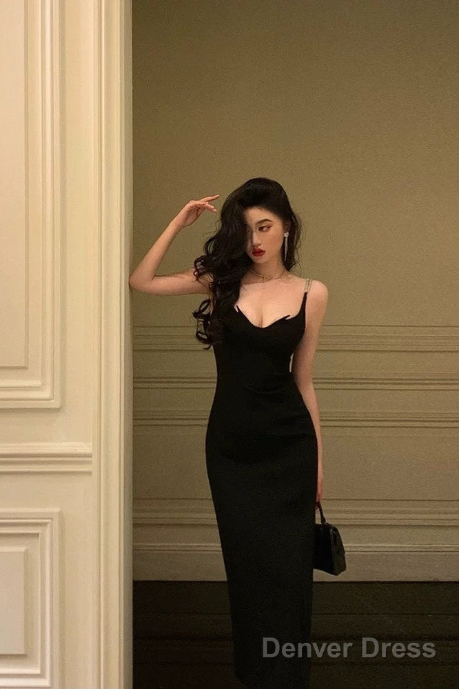 Gorgeous Sheath Spaghetti Straps Black Date Night Dress Prom Dresses Party Dress Birthday Outfits