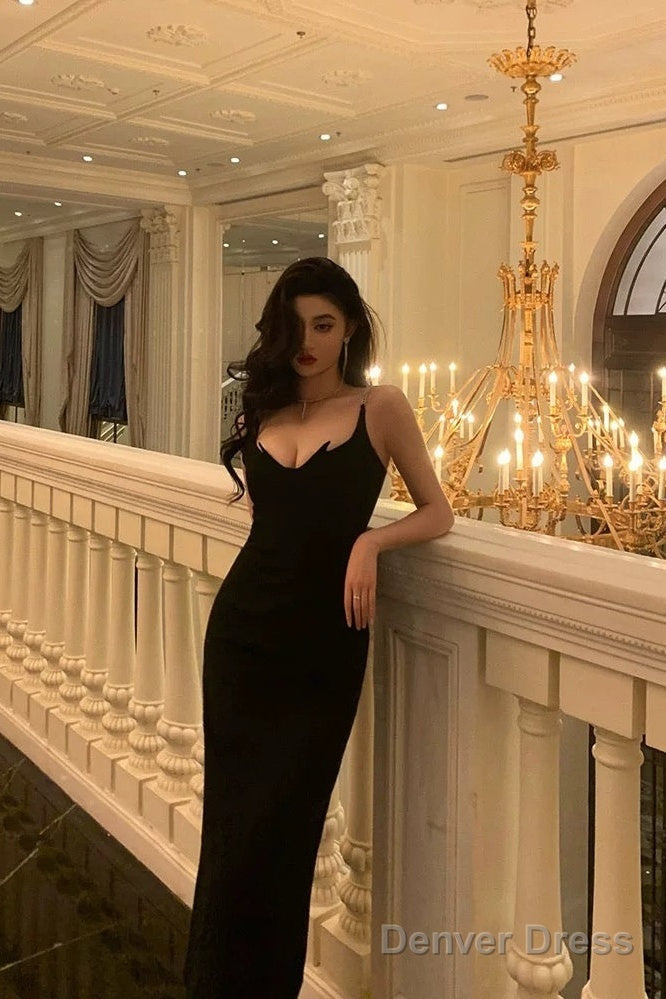 Gorgeous Sheath Spaghetti Straps Black Date Night Dress Prom Dresses Party Dress Birthday Outfits