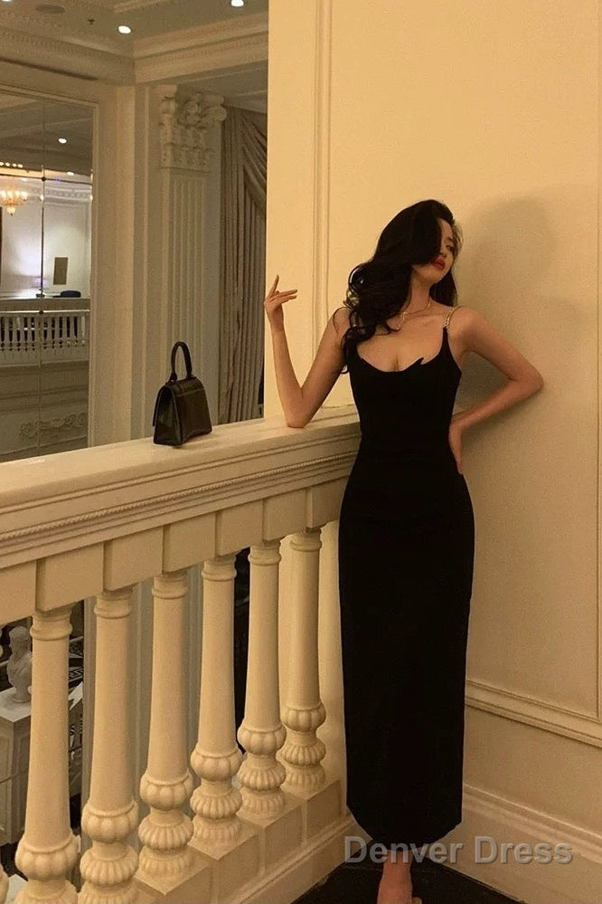 Gorgeous Sheath Spaghetti Straps Black Date Night Dress Prom Dresses Party Dress Birthday Outfits