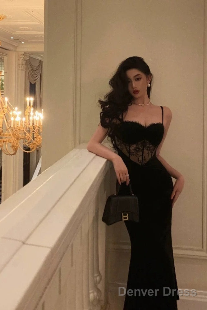 Gorgeous Sheath Spaghetti Straps Black Lace Date Night Dress Long Prom Dresses Birthday Outfits
