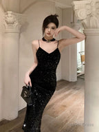 Gorgeous Sheath Spaghetti Straps Black Sequin Prom Dress Birthday Outfits