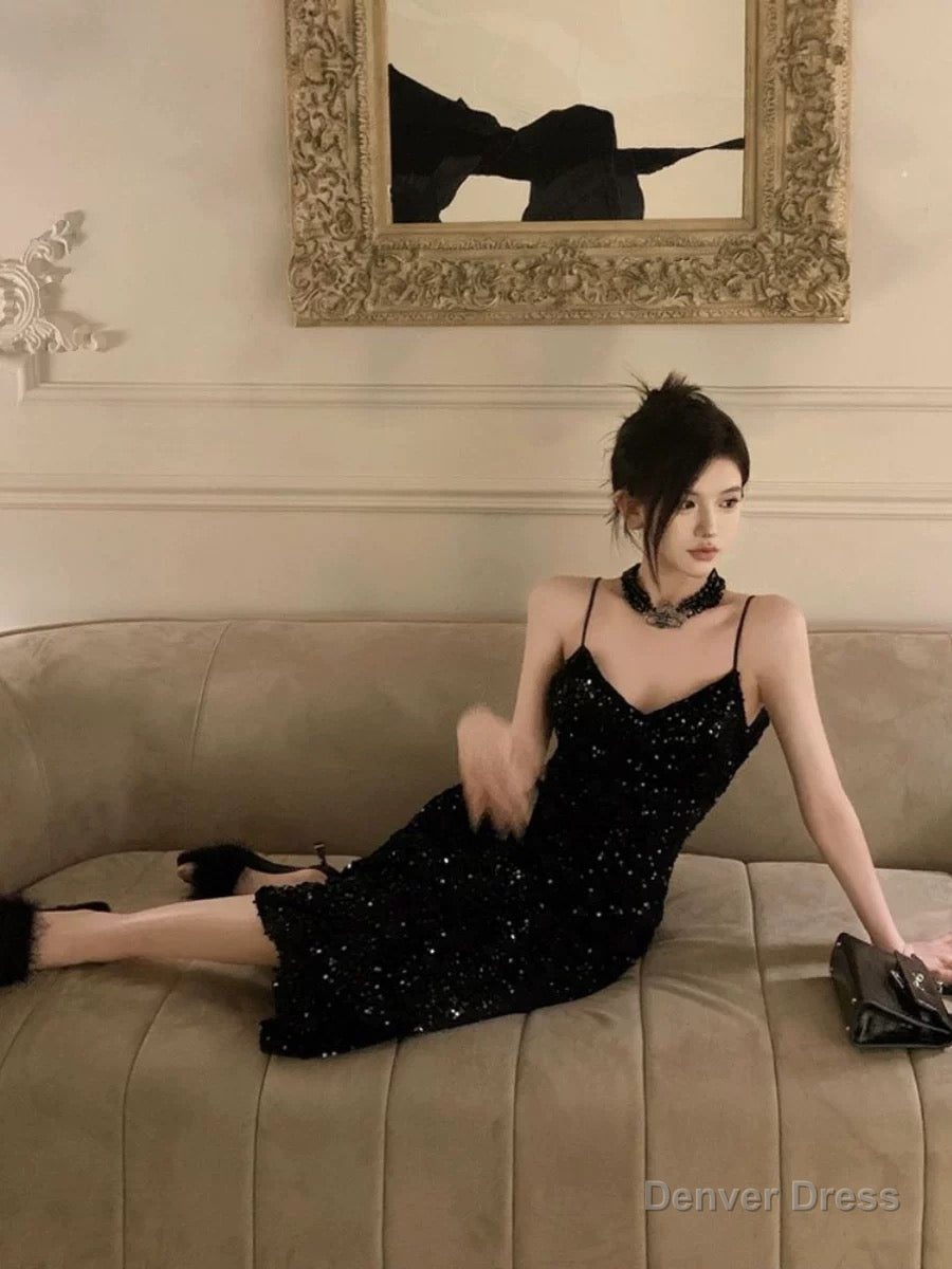 Gorgeous Sheath Spaghetti Straps Black Sequin Evening Dress Prom Dresses Birthday Outfits
