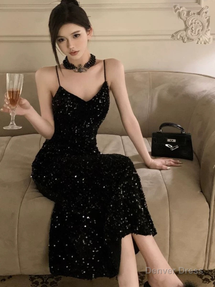 Gorgeous Sheath Spaghetti Straps Black Sequin Evening Dress Prom Dresses Birthday Outfits Main image