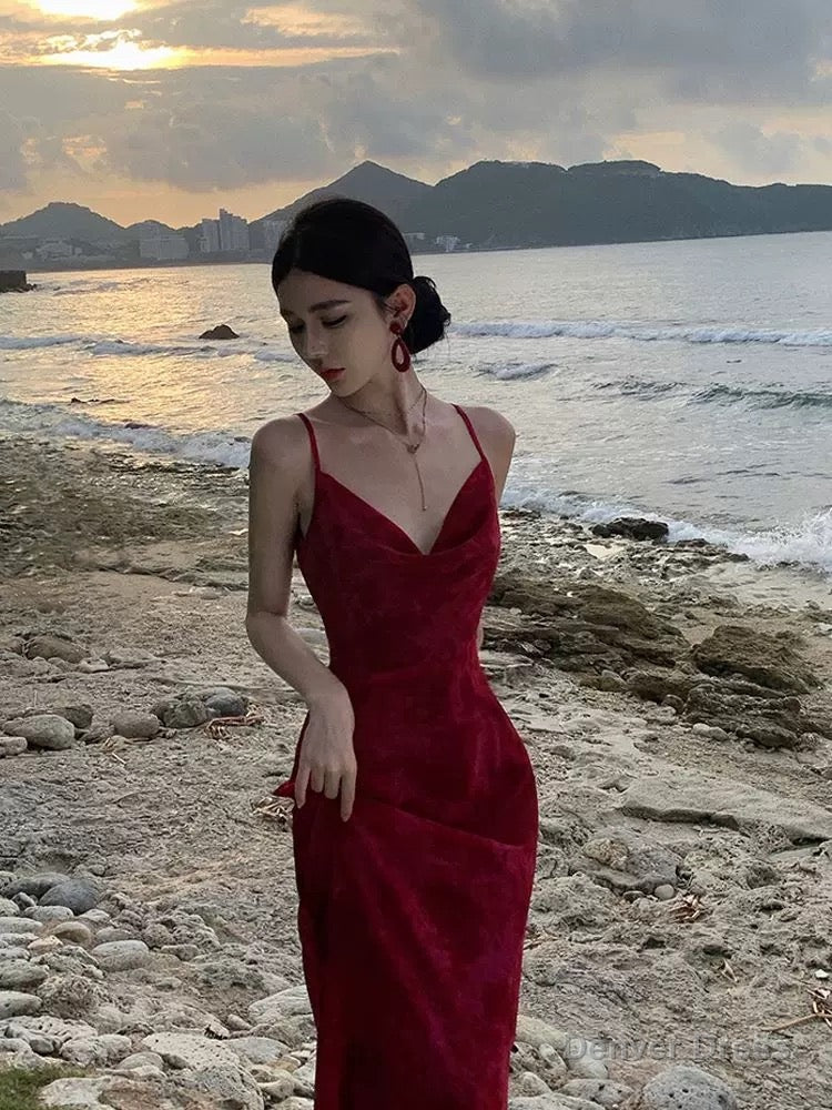 Gorgeous Sheath Spaghetti Straps Burgundy Prom Dress Birthday Outfits