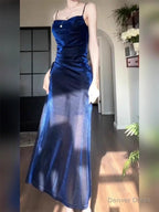 Gorgeous Sheath Spaghetti Straps Navy Blue Long Prom Dress Birthday Outfits