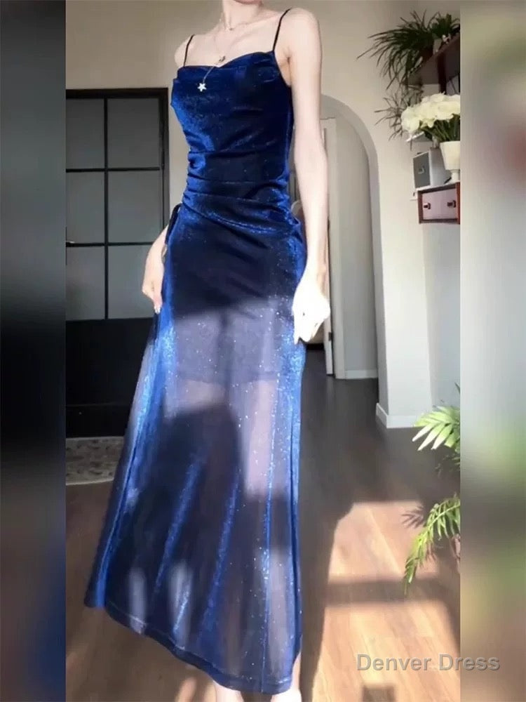 Gorgeous Sheath Spaghetti Straps Navy Blue Long Prom Dress Birthday Outfits