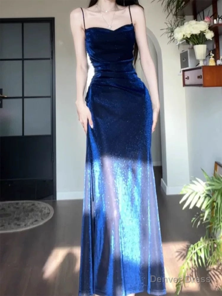 Gorgeous Sheath Spaghetti Straps Navy Blue Long Prom Dress Birthday Outfits Main image