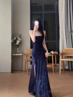 Gorgeous Sheath Spaghetti Straps Navy Blue Sequin Prom Dress Birthday Outfits