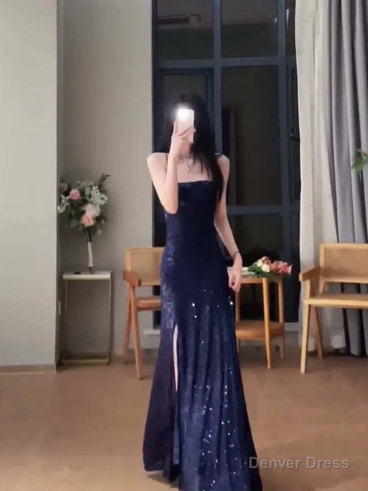 Gorgeous Sheath Spaghetti Straps Navy Blue Sequin Prom Dress Birthday Outfits