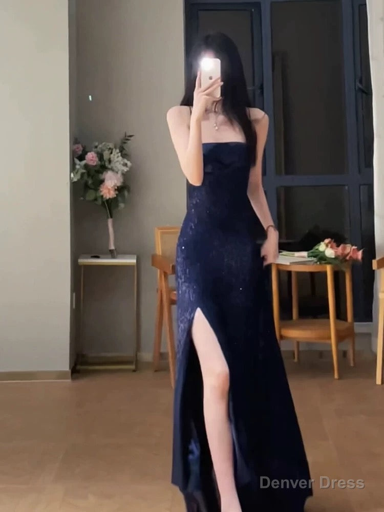 Gorgeous Sheath Spaghetti Straps Navy Blue Sequin Prom Dress Birthday Outfits