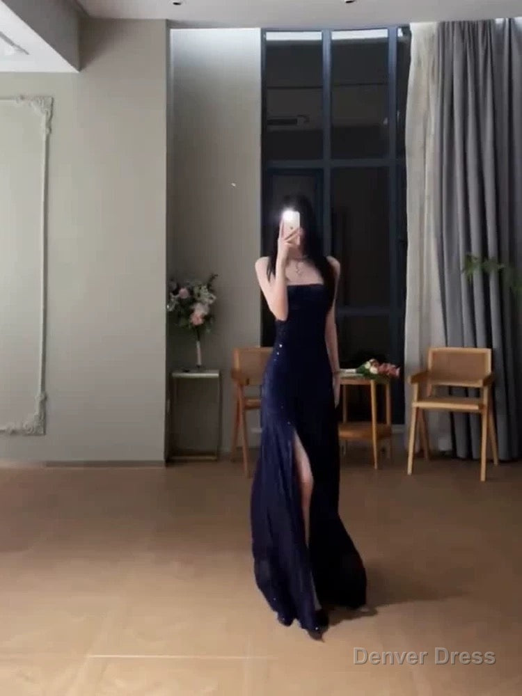 Gorgeous Sheath Spaghetti Straps Navy Blue Sequin Prom Dress Birthday Outfits Main image