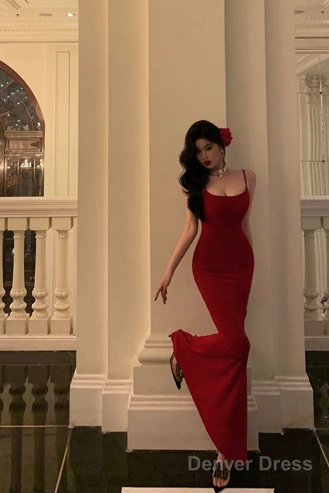 Gorgeous Sheath Spaghetti Straps Red Date Night Dress Prom Dress Birthday Outfits