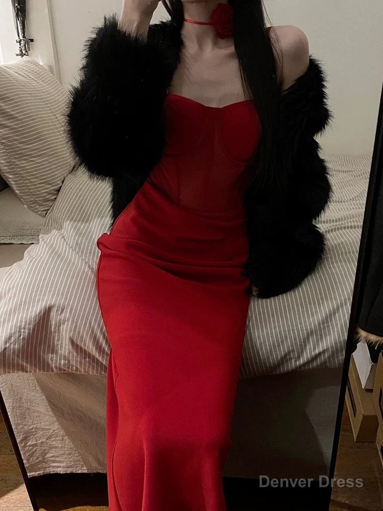 Gorgeous Sheath Spaghetti Straps Red Satin Evening Dress Prom Dresses Birthday Outfits Secondary image