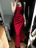 Gorgeous Sheath Spaghetti Straps Red Satin Prom Dress Birthday Outfits