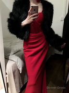 Gorgeous Sheath Spaghetti Straps Red Satin Prom Dress Birthday Outfits