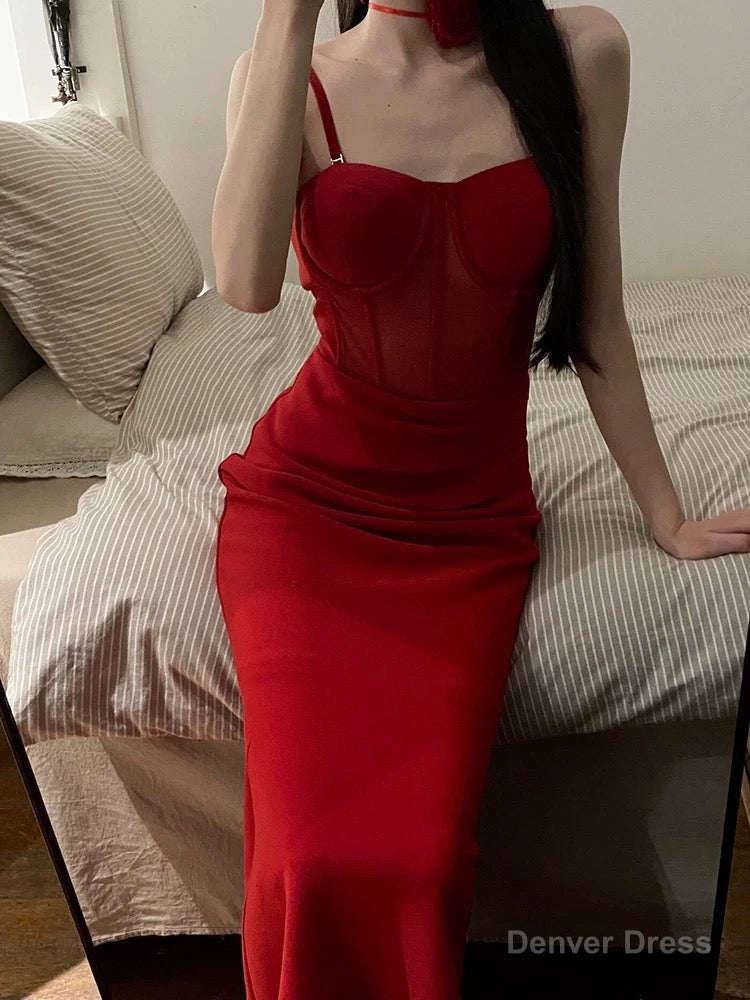 Gorgeous Sheath Spaghetti Straps Red Satin Prom Dress Birthday Outfits Main image