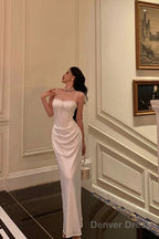 Gorgeous Sheath Spaghetti Straps White Satin Date Night Dress Long Prom Dresses Birthday Outfits