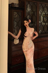 Gorgeous Sheath V Neckline Date Night Dress Floral Pink Prom Dresses Party Dress Birthday Outfits