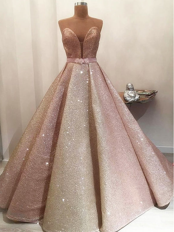 Gorgeous Shiny Rose Gold Satin Strapless Ball Gown Prom Dresses Secondary image