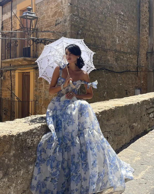 Elegant Floral Print Chiffon Long Prom Dress