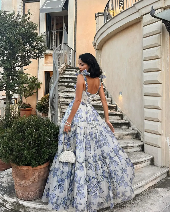 Elegant Floral Print Chiffon Long Prom Dress