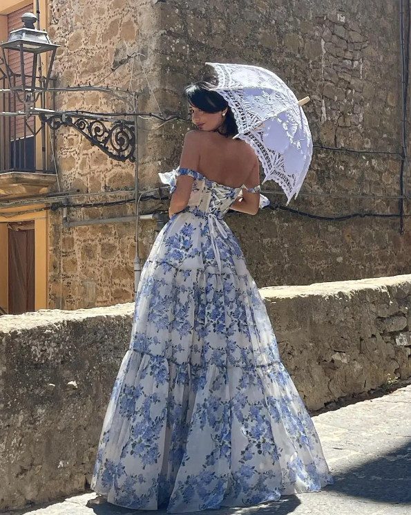 Elegant Floral Print Chiffon Long Prom Dress