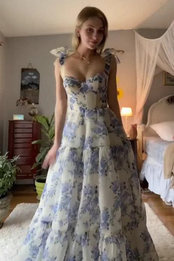 Elegant Floral Print Chiffon Long Prom Dress
