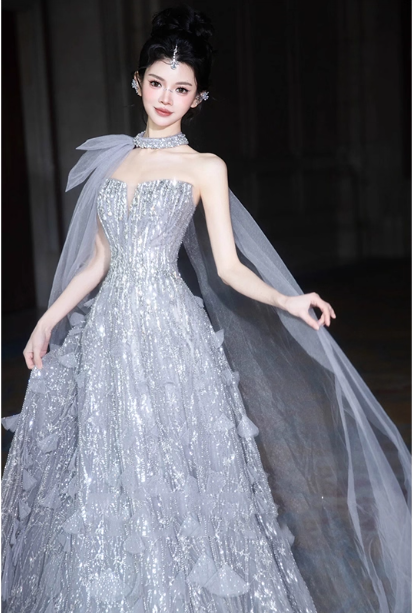 Gorgeous Silver Gray A-Line Strapless Sequined Train Prom Dresses Evening Dresses