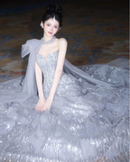 Gorgeous Silver Gray A-Line Strapless Sequined Train Prom Dresses Evening Dresses