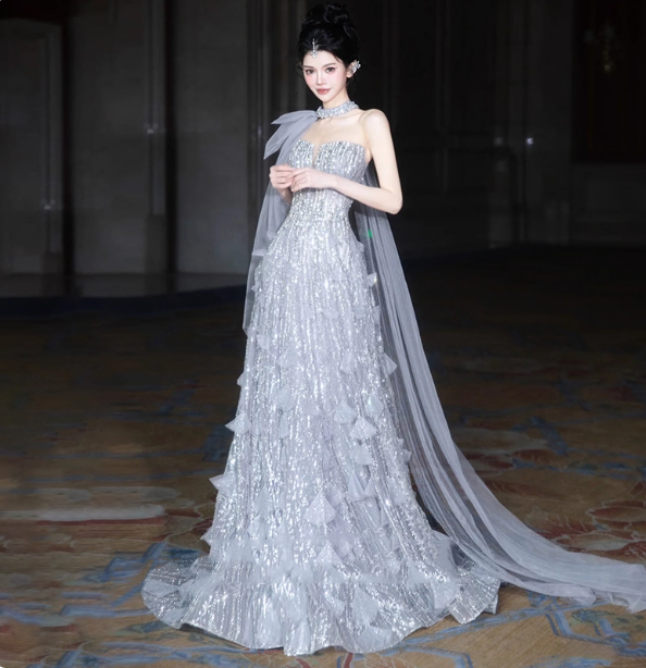 Gorgeous Silver Gray A-Line Strapless Sequined Train Prom Dresses Evening Dresses