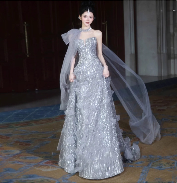 Gorgeous Silver Gray A-Line Strapless Sequined Train Prom Dresses Evening Dresses Main image