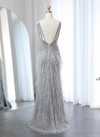 Gorgeous Silver-Grey Spaghetti Strap V-Neck Feather Sequin Slit Long Prom Dresses Evening Dresses