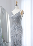Gorgeous Silver-Grey Spaghetti Strap V-Neck Feather Sequin Slit Long Prom Dresses Evening Dresses