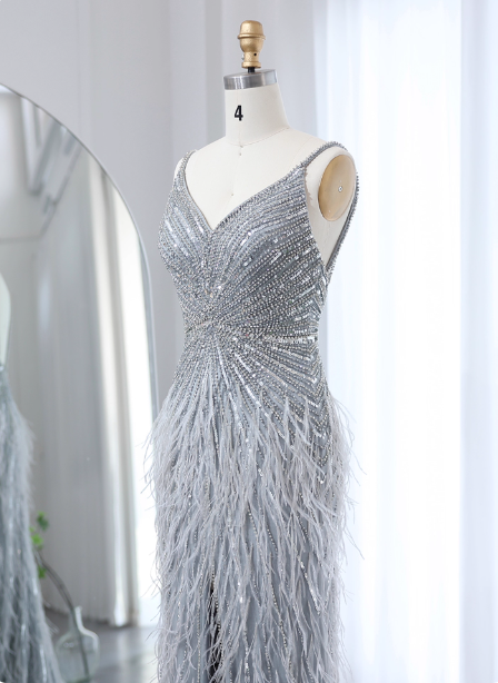 Gorgeous Silver-Grey Spaghetti Strap V-Neck Feather Sequin Slit Long Prom Dresses Evening Dresses