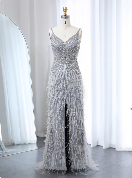 Gorgeous Silver-Grey Spaghetti Strap V-Neck Feather Sequin Slit Long Prom Dresses Evening Dresses Main image