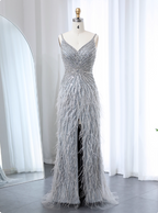 Gorgeous Silver-Grey Spaghetti Strap V-Neck Feather Sequin Slit Long Prom Dresses Evening Dresses