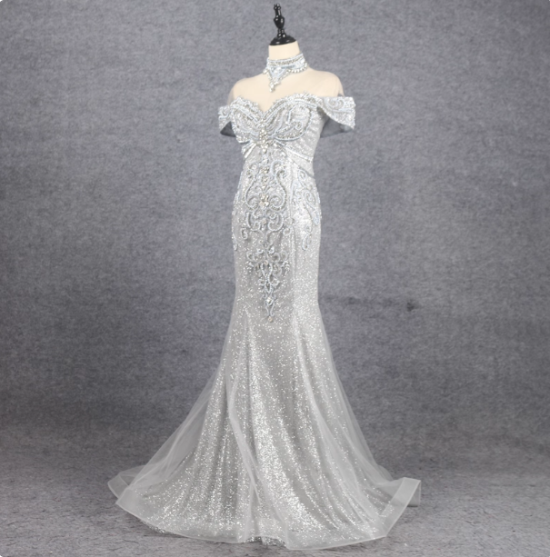 Gorgeous Silver Mermaid Off-The-Shoulder Beaded Sparkly Tulle Train Prom Dresses Evening Dresses Secondary image