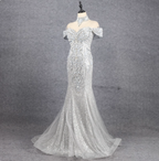 Gorgeous Silver Mermaid Off-The-Shoulder Beaded Sparkly Tulle Train Prom Dresses Evening Dresses