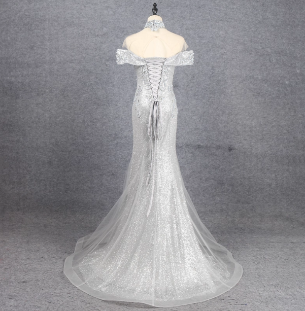 Gorgeous Silver Mermaid Off-The-Shoulder Beaded Sparkly Tulle Train Prom Dresses Evening Dresses