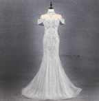 Gorgeous Silver Mermaid Off-The-Shoulder Beaded Sparkly Tulle Train Prom Dresses Evening Dresses