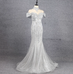 Gorgeous Silver Mermaid Off-The-Shoulder Beaded Sparkly Tulle Train Prom Dresses Evening Dresses