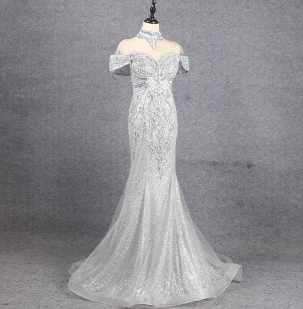 Gorgeous Silver Mermaid Off-The-Shoulder Beaded Sparkly Tulle Train Prom Dresses Evening Dresses