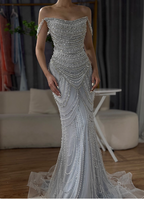 Gorgeous Silver Mermaid Off-The-Shoulder Pearl Chain Beaded Tulle Train Prom Dresses Evening Dresses