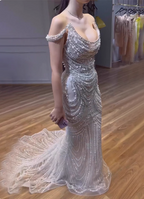 Gorgeous Silver Mermaid Off-The-Shoulder Pearl Chain Beaded Tulle Train Prom Dresses Evening Dresses