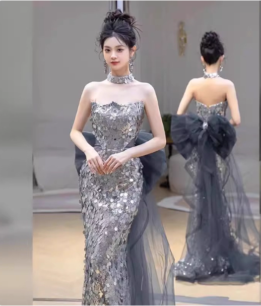 Gorgeous Silver Mermaid Strapless Bow Sequined Train Prom Dresses Evening Dresses Secondary image