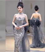Gorgeous Silver Mermaid Strapless Bow Sequined Train Prom Dresses Evening Dresses