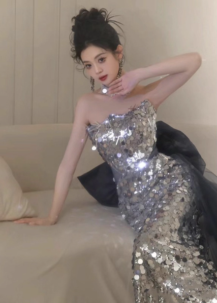 Gorgeous Silver Mermaid Strapless Bow Sequined Train Prom Dresses Evening Dresses